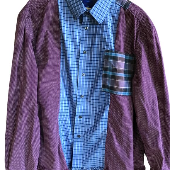 Upcycled Patchwork Button-Down Shirt, Size M-L: Boho Blue Purple Polka Dot Top - Picture 14 of 15